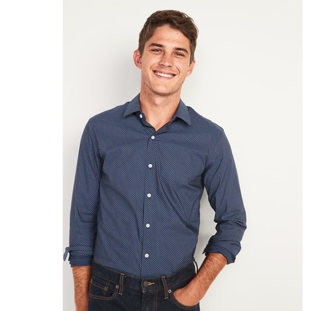 NEW Old Navy Men’s Pro Signature Slim Fit Shirt Navy White Polka Dot Size Medium